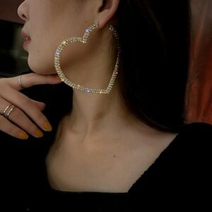 Gold Rhinestone Heart Hoop Earrings 925 Post Gold Tone Setting